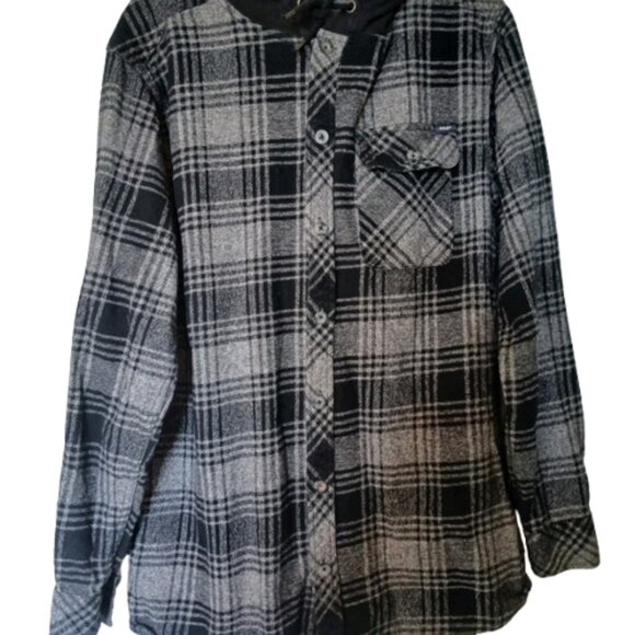 Kolby Men's Black and Gray Plaid Casual Flannel Hooded Button Down Shirt Size L - Picture 5 of 8